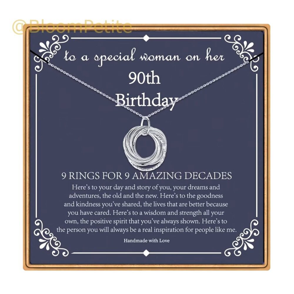 Sterling Silver Chain Birthday Necklace with 9 Rings, White Gold Plated